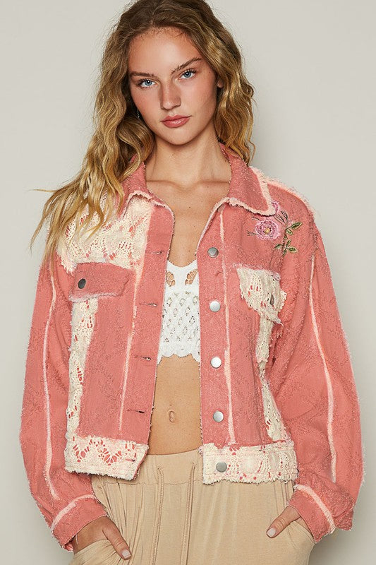 POL Crochet Patch Embroidered Button Up Jacket-TOPS / DRESSES-[Adult]-[Female]-Pink Multicolor-S-2022 Online Blue Zone Planet