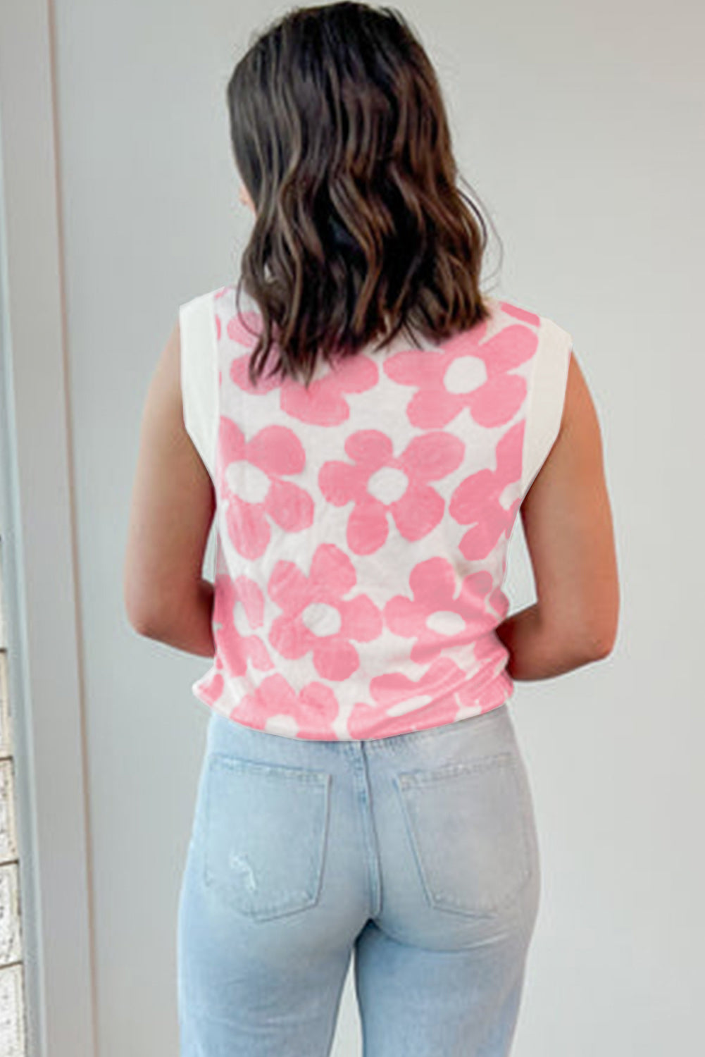 Pink Cute Flower Knitted V Neck Tank Top-Tops/Tank Tops-[Adult]-[Female]-2022 Online Blue Zone Planet