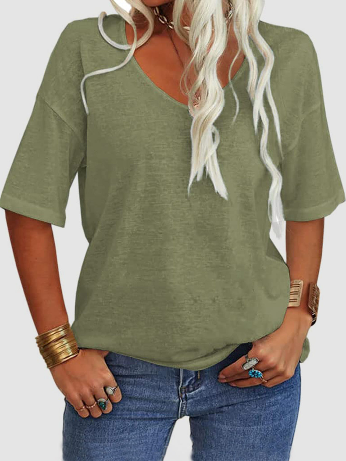 V-Neck Dropped Shoulder Half Sleeve T-Shirt-TOPS / DRESSES-[Adult]-[Female]-Matcha Green-S-2022 Online Blue Zone Planet