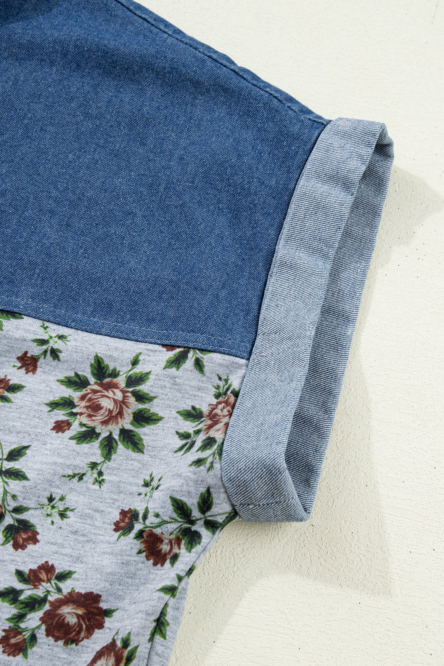 Gray Retro Floral Print Denim Patchwork Buttoned Polo Collar Top-Tops/Blouses & Shirts-[Adult]-[Female]-2022 Online Blue Zone Planet