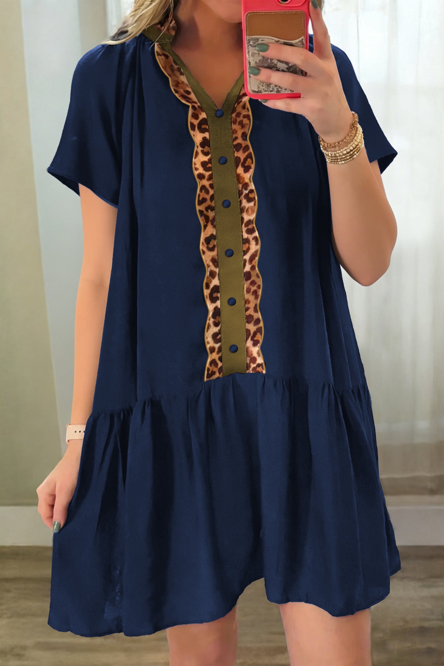 Navy Blue Button Detail Leopard Metallic Trim Short Sleeve Tunic Dress-TOPS / DRESSES-[Adult]-[Female]-2022 Online Blue Zone Planet