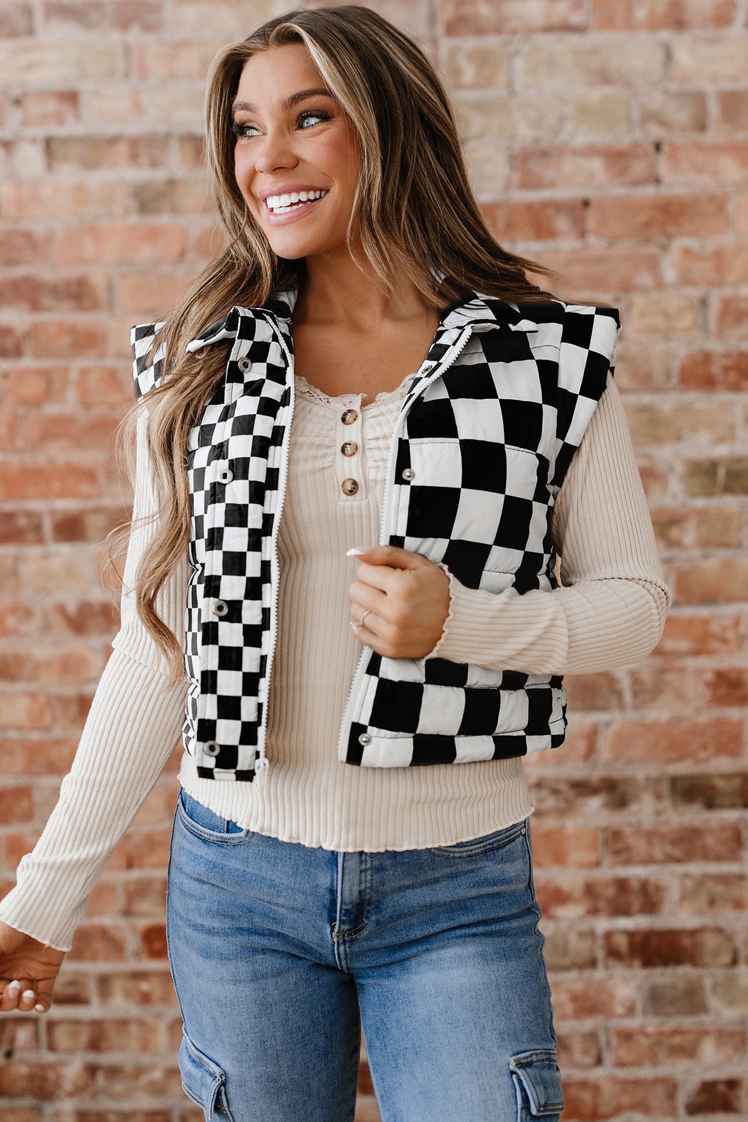 Black Double Checked Stand Collar Cropped Puffer Vest-Outerwear/Vests-[Adult]-[Female]-2022 Online Blue Zone Planet