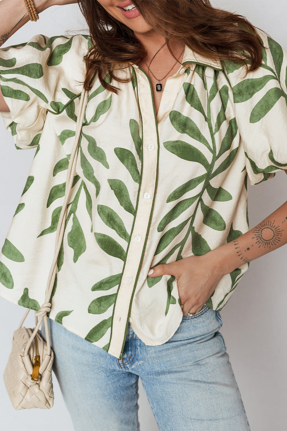 Green Leaf Print Short Balloon Sleeve Shirt-Tops/Blouses & Shirts-[Adult]-[Female]-2022 Online Blue Zone Planet