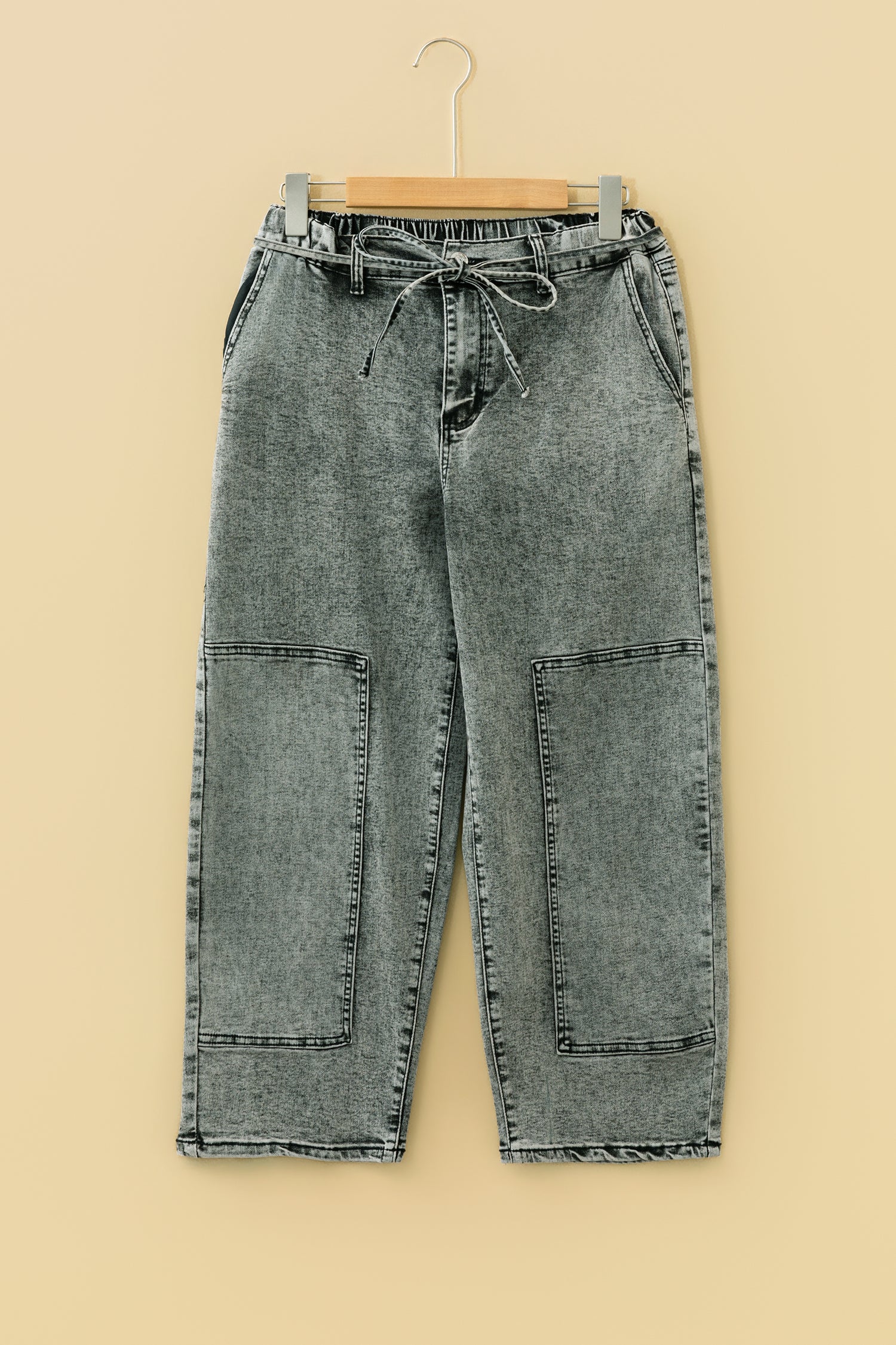 Gray Acid Wash Barrel Fit Denim Pants with Waist String-Bottoms/Jeans-[Adult]-[Female]-2022 Online Blue Zone Planet