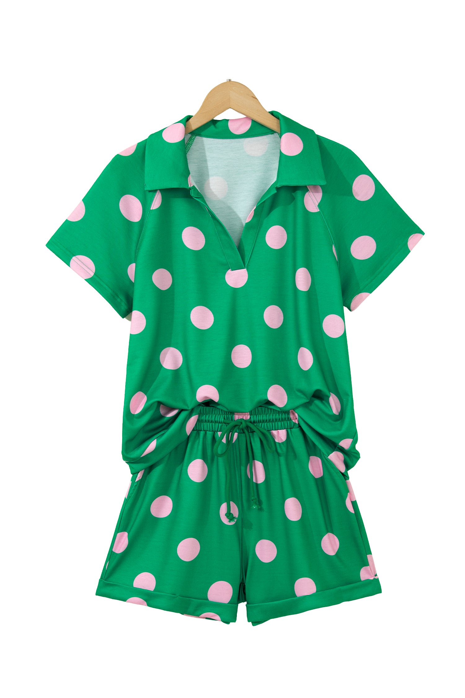 Beige Polka Dot Print V Neck Tee Short Set-Two Piece Sets/Short Sets-[Adult]-[Female]-2022 Online Blue Zone Planet