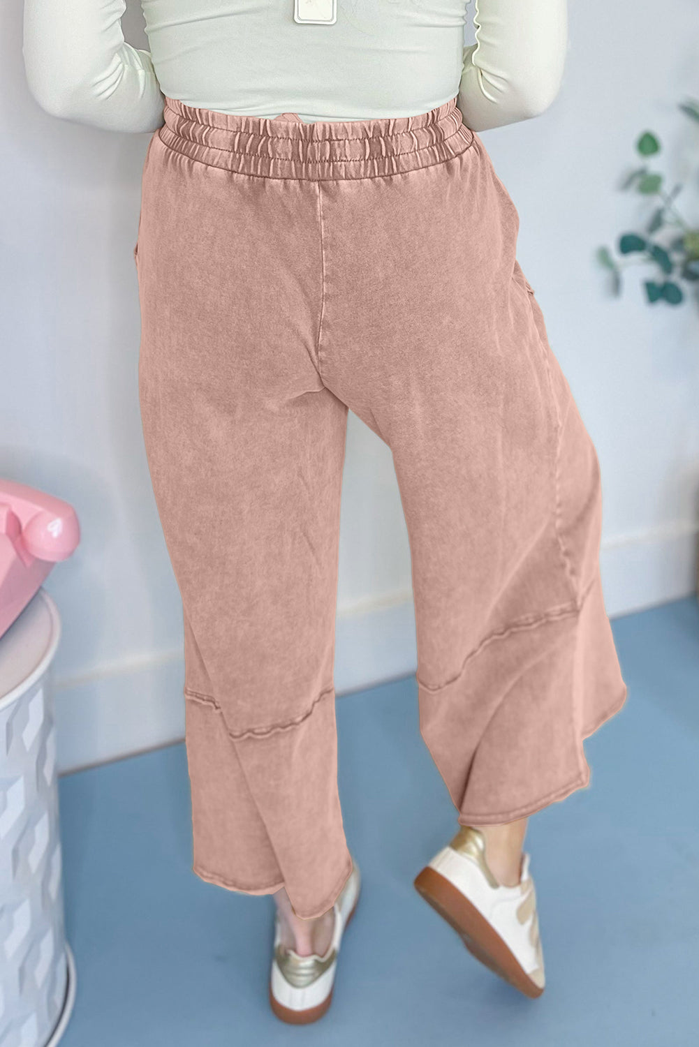 Buckskin Flower Patch Mineral Washed Terry Knit Cropped Wide Leg Pants-Bottoms/Pants & Culotte-[Adult]-[Female]-2022 Online Blue Zone Planet