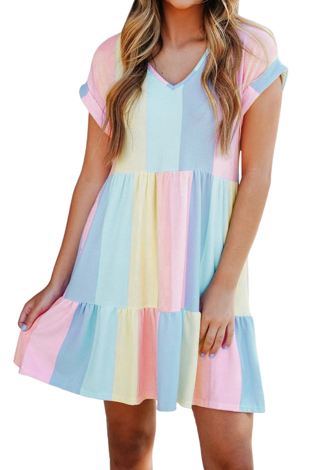 Multicolor Striped Color Block Tiered Mini Dress Blue Zone Planet