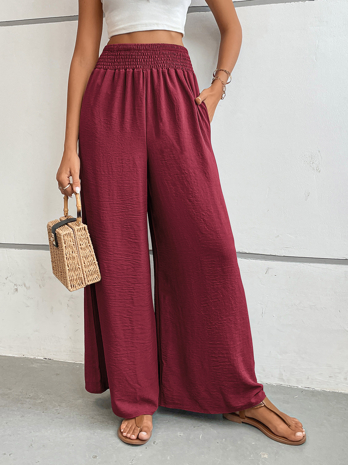 Blue Zone Planet | Perfee Wide Leg Pants with Pockets-BOTTOM SIZES SMALL MEDIUM LARGE-[Adult]-[Female]-Burgundy-S-2022 Online Blue Zone Planet