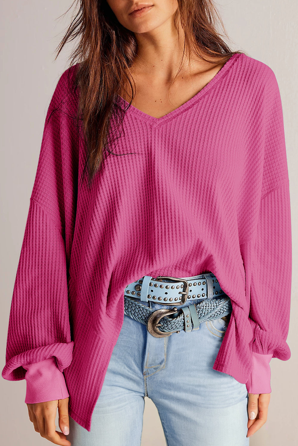 Orchid Petal Waffle V Neck Long Sleeve Drop Shoulder Loose Blouse-Tops/Blouses & Shirts-[Adult]-[Female]-Bright Pink-S-2022 Online Blue Zone Planet