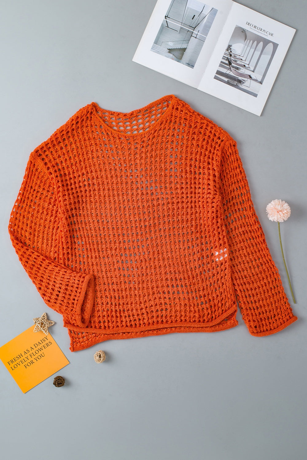 Blue Zone Planet | Openwork Round Neck Dropped Shoulder Knit Top-TOPS / DRESSES-[Adult]-[Female]-Orange-L-2022 Online Blue Zone Planet