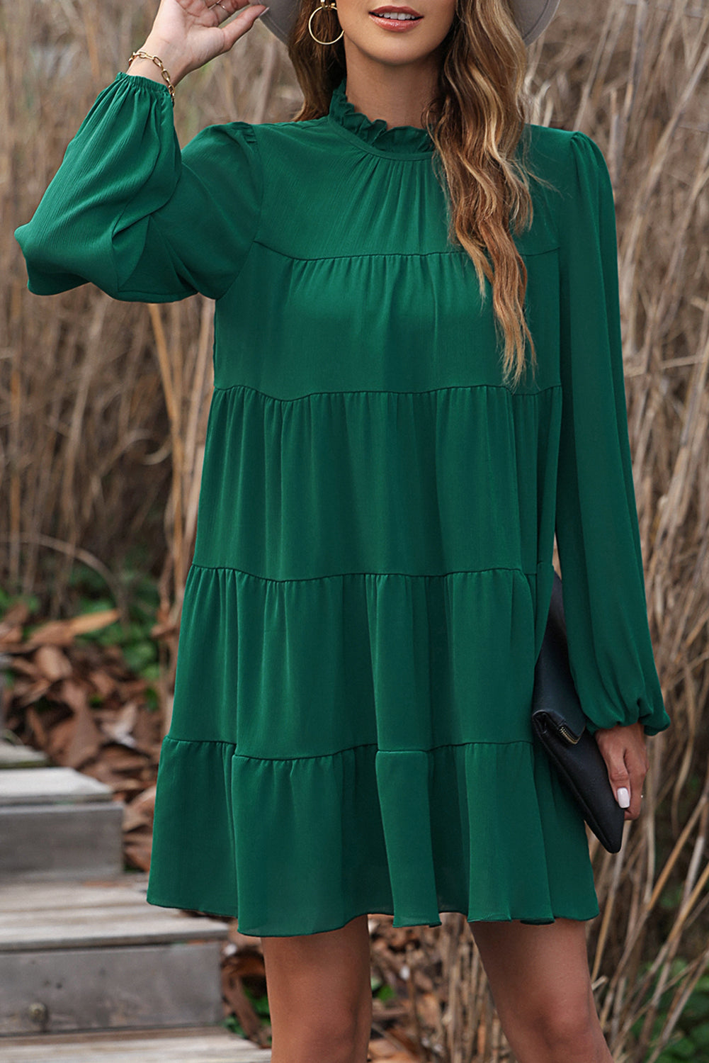 Blue Zone Planet | Green Puff Sleeve Mock Neck Back Knot Tiered Dress-TOPS / DRESSES-[Adult]-[Female]-Green-S-2022 Online Blue Zone Planet