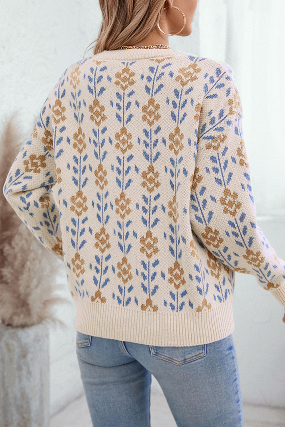 Apricot Floral Pattern Crew Neck Sweater-Sweaters-[Adult]-[Female]-2022 Online Blue Zone Planet