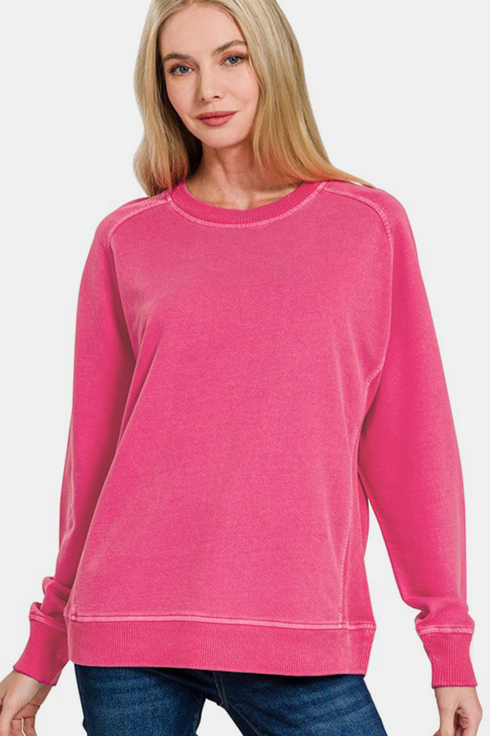 Zenana Full Size Pigment Dyed French Terry Sweatshirt-TOPS / DRESSES-[Adult]-[Female]-Hot Pink-S-2022 Online Blue Zone Planet