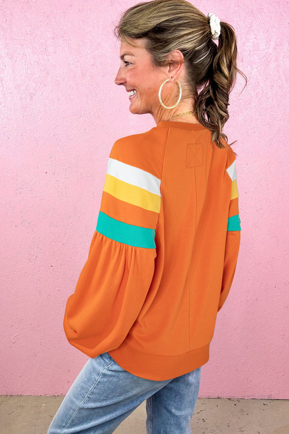 Flamingo Color Block Sleeve Exposed Seam Raglan Sweatshirt-Tops/Sweatshirts & Hoodies-[Adult]-[Female]-2022 Online Blue Zone Planet