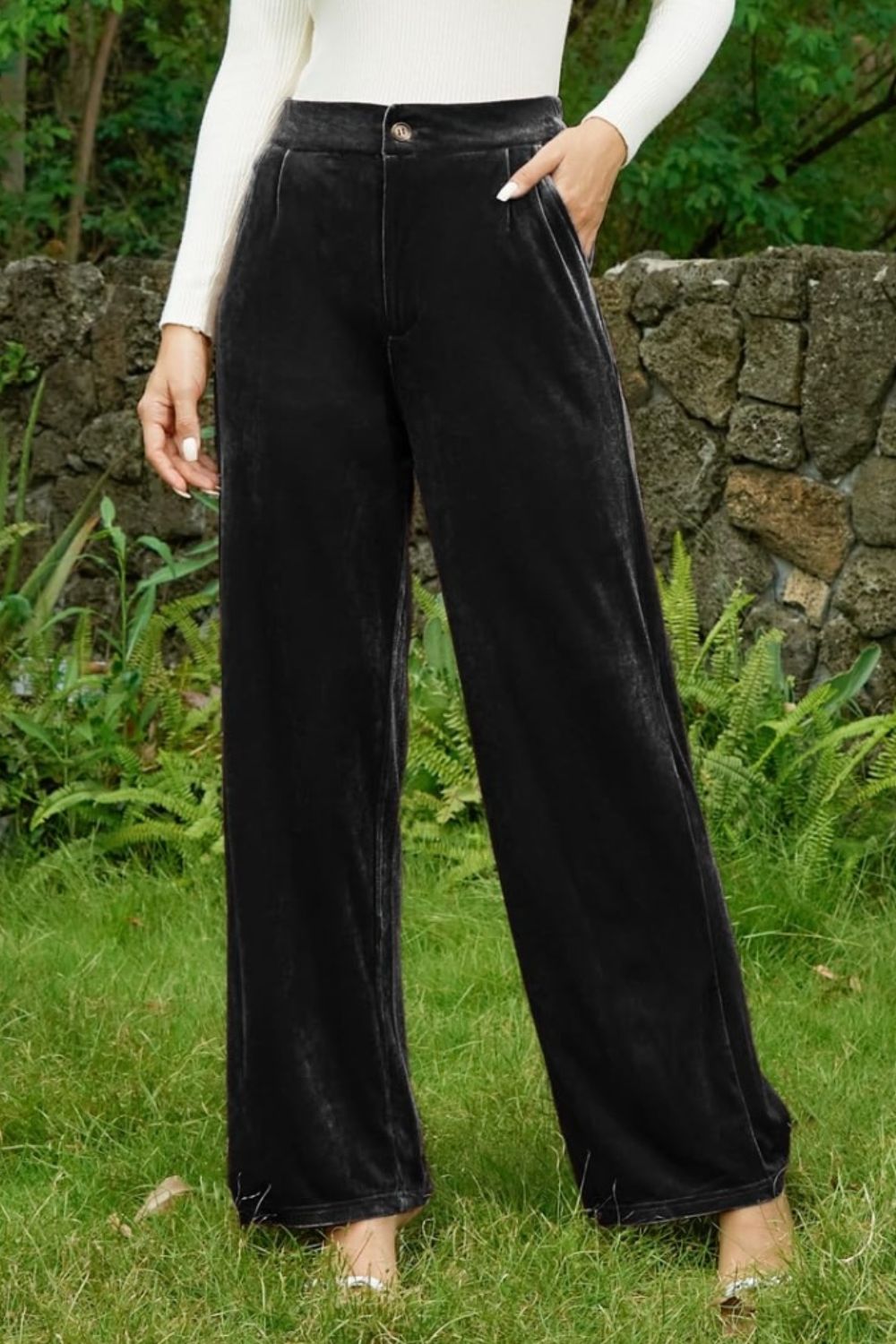 Velvet Wide Leg Pants with Pockets-BOTTOMS SIZES SMALL MEDIUM LARGE-[Adult]-[Female]-Black-S-2022 Online Blue Zone Planet