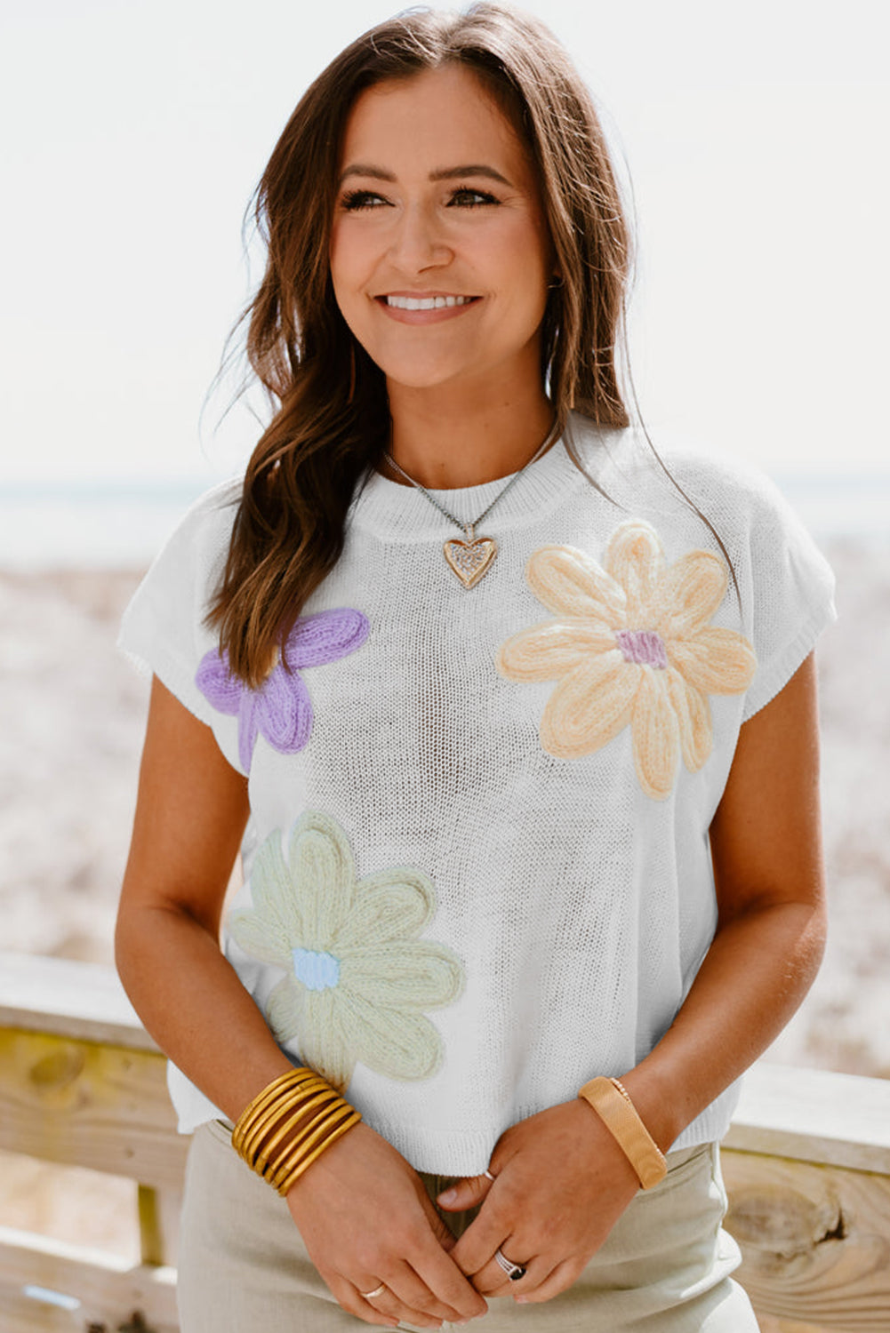 White Flower Patch Knit Round Neck Tee-T Shirts-[Adult]-[Female]-2022 Online Blue Zone Planet