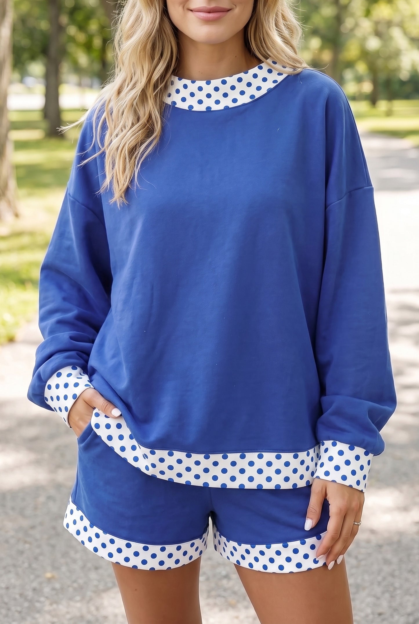 Dark Blue Polka Dot Trim Baggy Pullover 2pcs Short Set