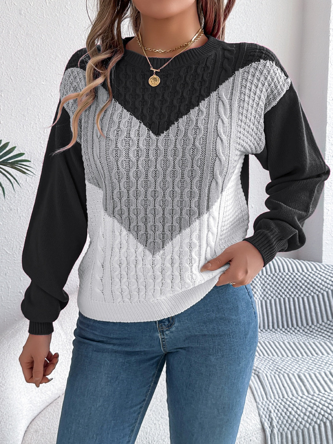 Contrast Round Neck Long Sleeve Sweater-TOPS / DRESSES-[Adult]-[Female]-2022 Online Blue Zone Planet