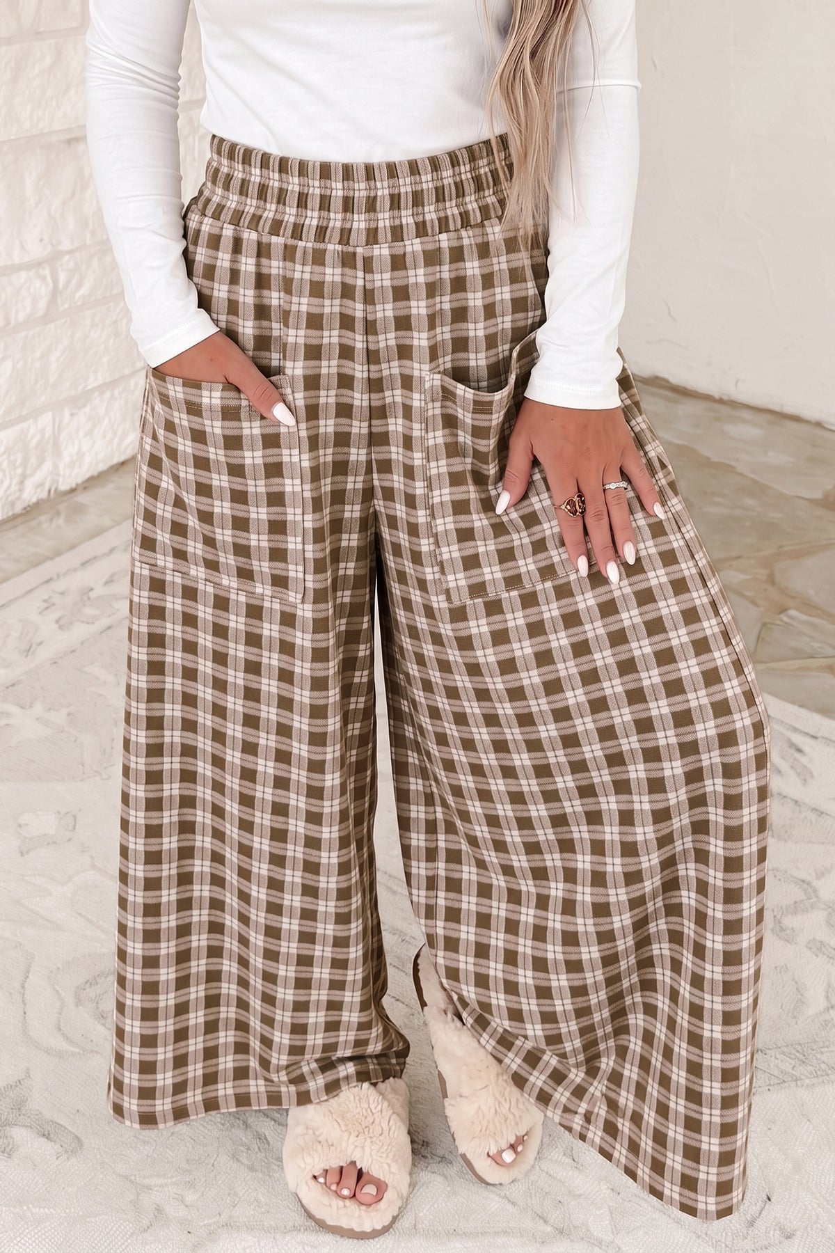 Khaki Plaid Elastic Waist Patch Pocket Wide Leg Pants