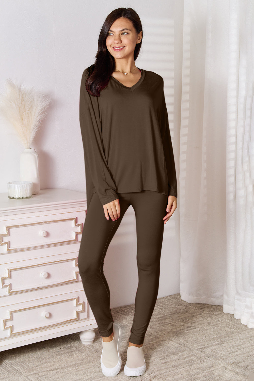 Basic Bae Bamboo Full Size V-Neck Long Sleeve Top and Pants Lounge Set-TOPS / DRESSES-[Adult]-[Female]-Chocolate-S-2022 Online Blue Zone Planet