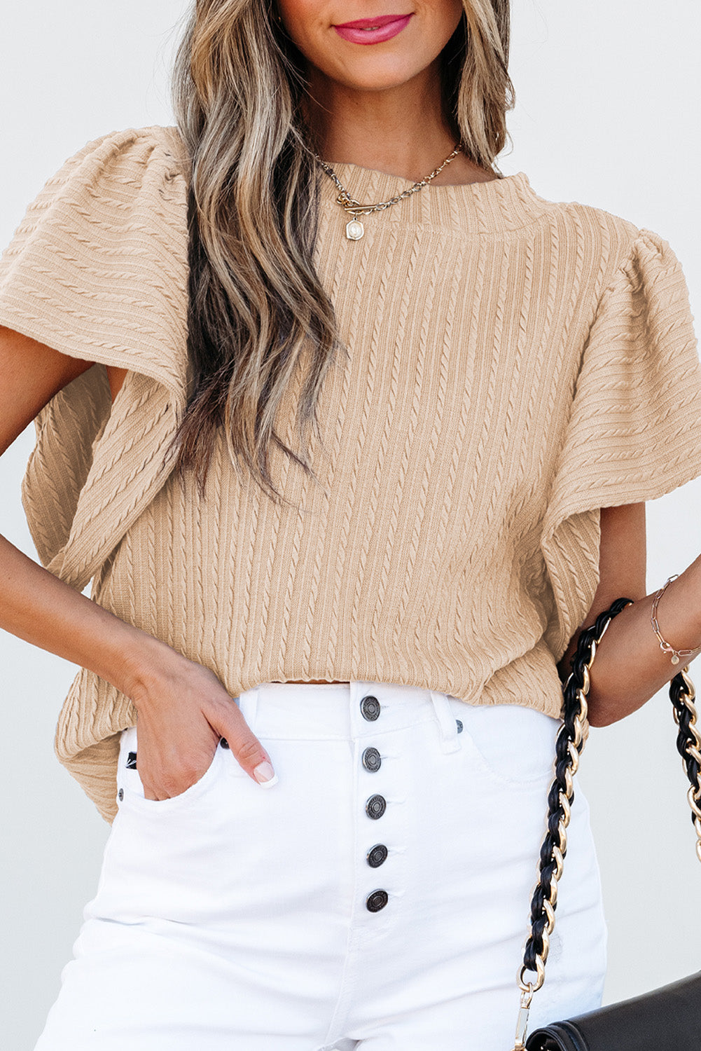 Beige Solid Color Textured Flutter Sleeve Top-Tops/Blouses & Shirts-[Adult]-[Female]-2022 Online Blue Zone Planet