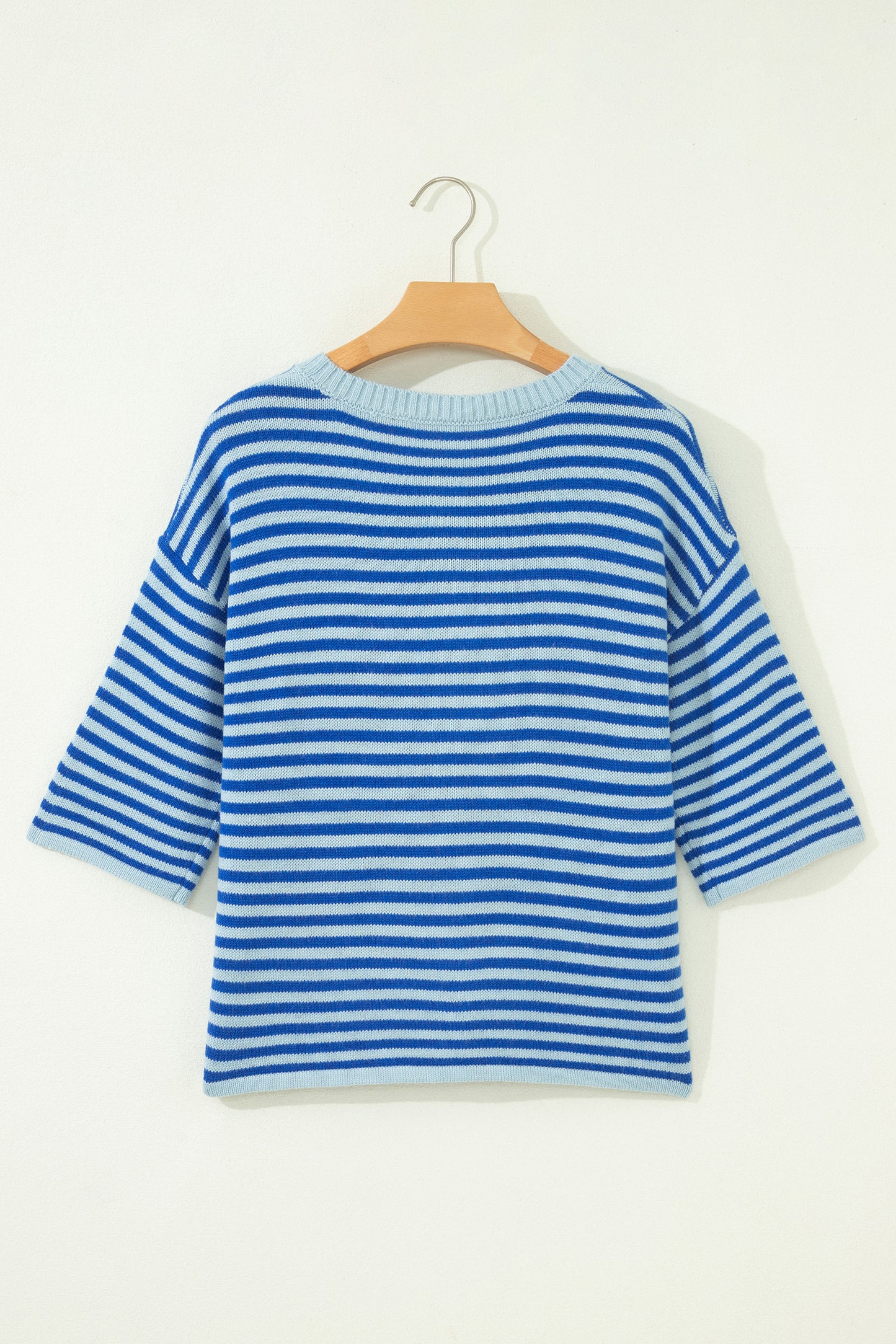 Blue Stripe Loose Half Sleeve Knit Button Down Sweater Cardigan-Sweaters & Cardigans/Cardigans-[Adult]-[Female]-2022 Online Blue Zone Planet