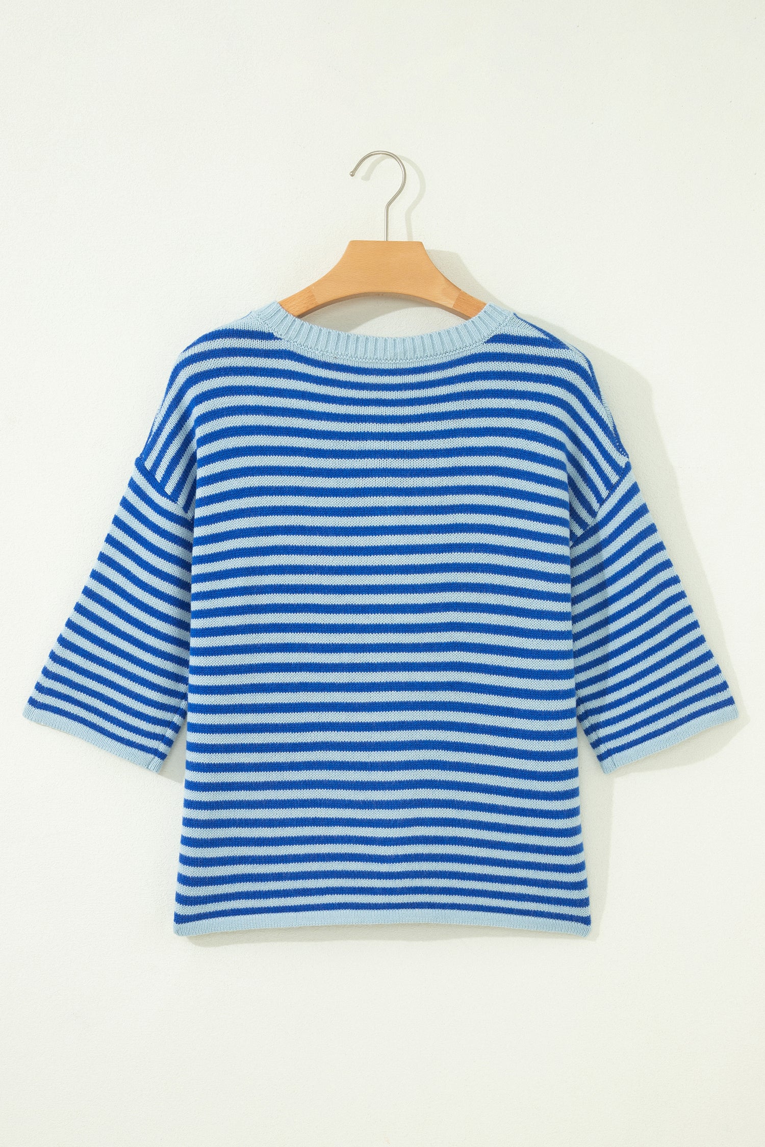 Blue Stripe Loose Half Sleeve Knit Button Down Sweater Cardigan-Sweaters & Cardigans/Cardigans-[Adult]-[Female]-2022 Online Blue Zone Planet