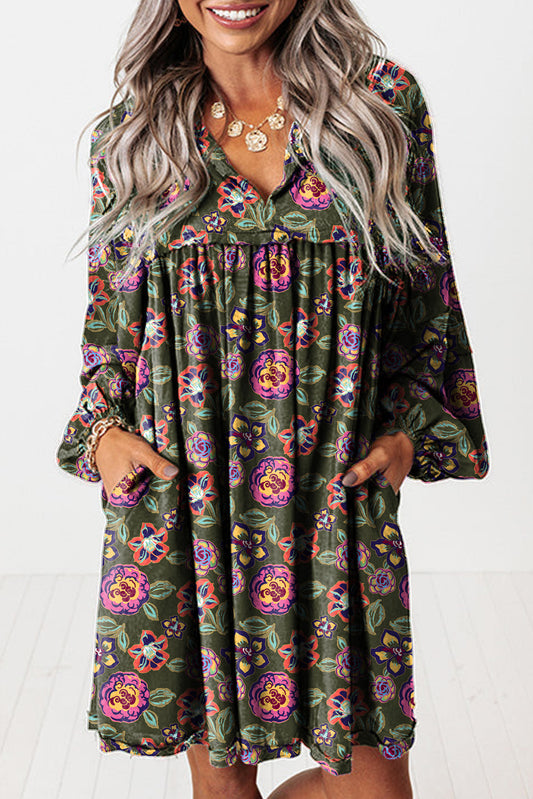 Green Floral Print Split Neck Bubble Sleeve Shift Mini Dress-TOPS / DRESSES-[Adult]-[Female]-2022 Online Blue Zone Planet