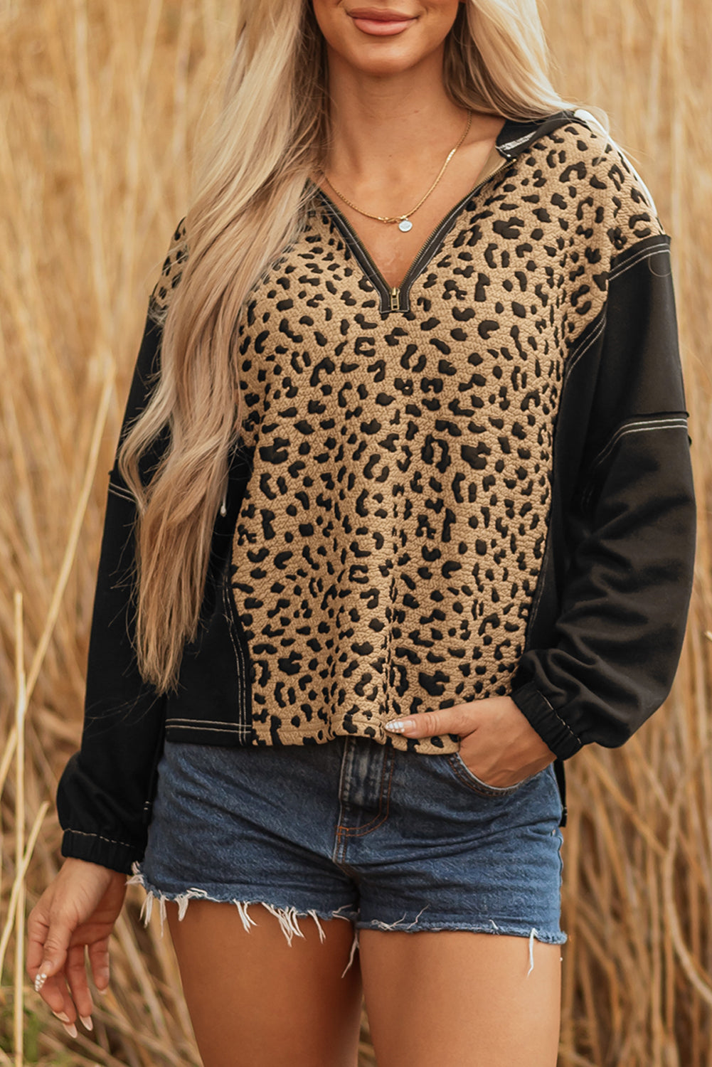 Brown Leopard Patchwork Contrast Stitching Knotted Cuff Quarter Zip Hoodie-Tops/Sweatshirts & Hoodies-[Adult]-[Female]-2022 Online Blue Zone Planet
