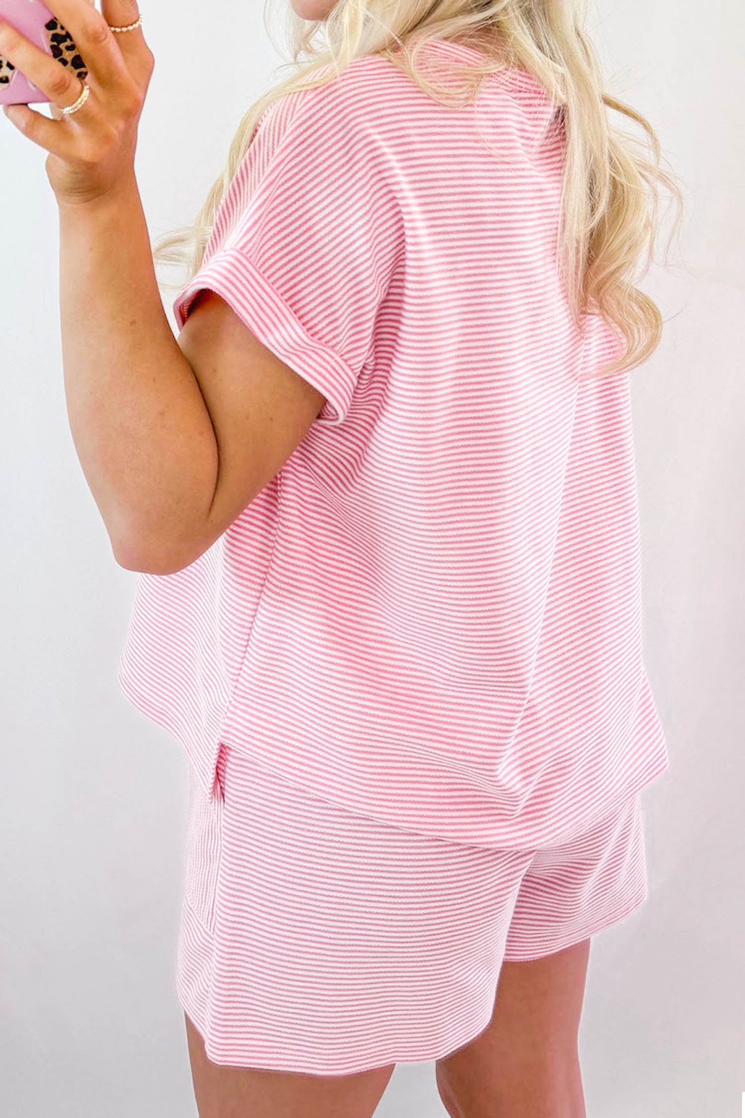 Pink Stripe Matching Oversized Tee and Drawstring Shorts Set-Two Piece Sets/Short Sets-[Adult]-[Female]-2022 Online Blue Zone Planet