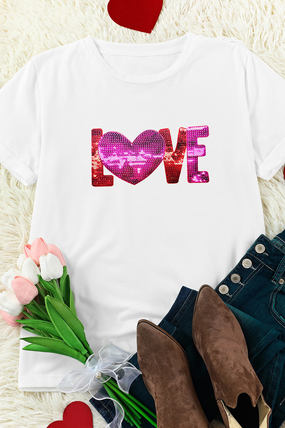 White Heart LOVE Patched Pattern Crewneck Valentines T Shirt-Graphic Tees-[Adult]-[Female]-2022 Online Blue Zone Planet