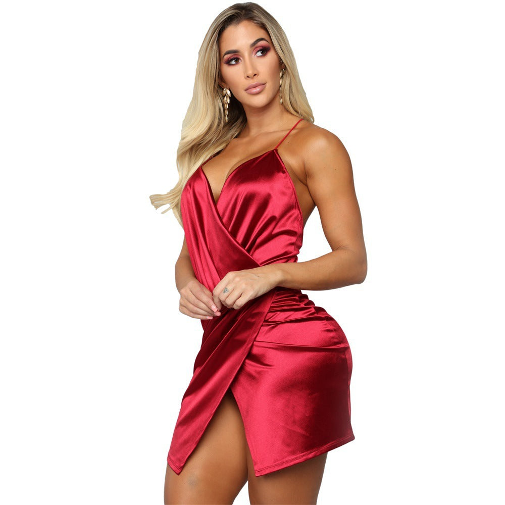 Tina's Crisscross Ruched Tulip Hem Satin Mini Dress-TOPS / DRESSES-[Adult]-[Female]-Red-L-2022 Online Blue Zone Planet