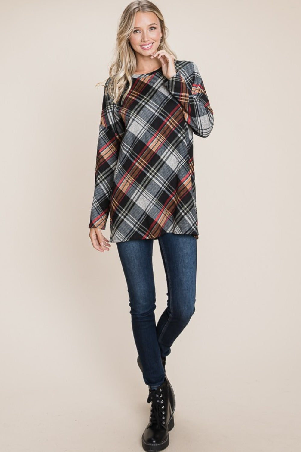 Blue Zone Planet | BOMBOM Plaid Round Neck Long Sleeve Knit Top-TOPS / DRESSES-[Adult]-[Female]-2022 Online Blue Zone Planet