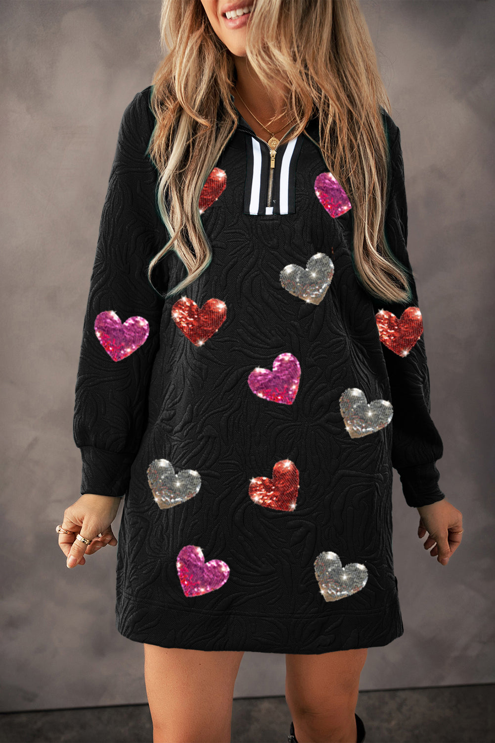 Black Textured Heart Patched Graphic Bracelet Sleeve Quarter Zip Collar Mini Dress-Graphic Apparel-[Adult]-[Female]-Black-S-2022 Online Blue Zone Planet