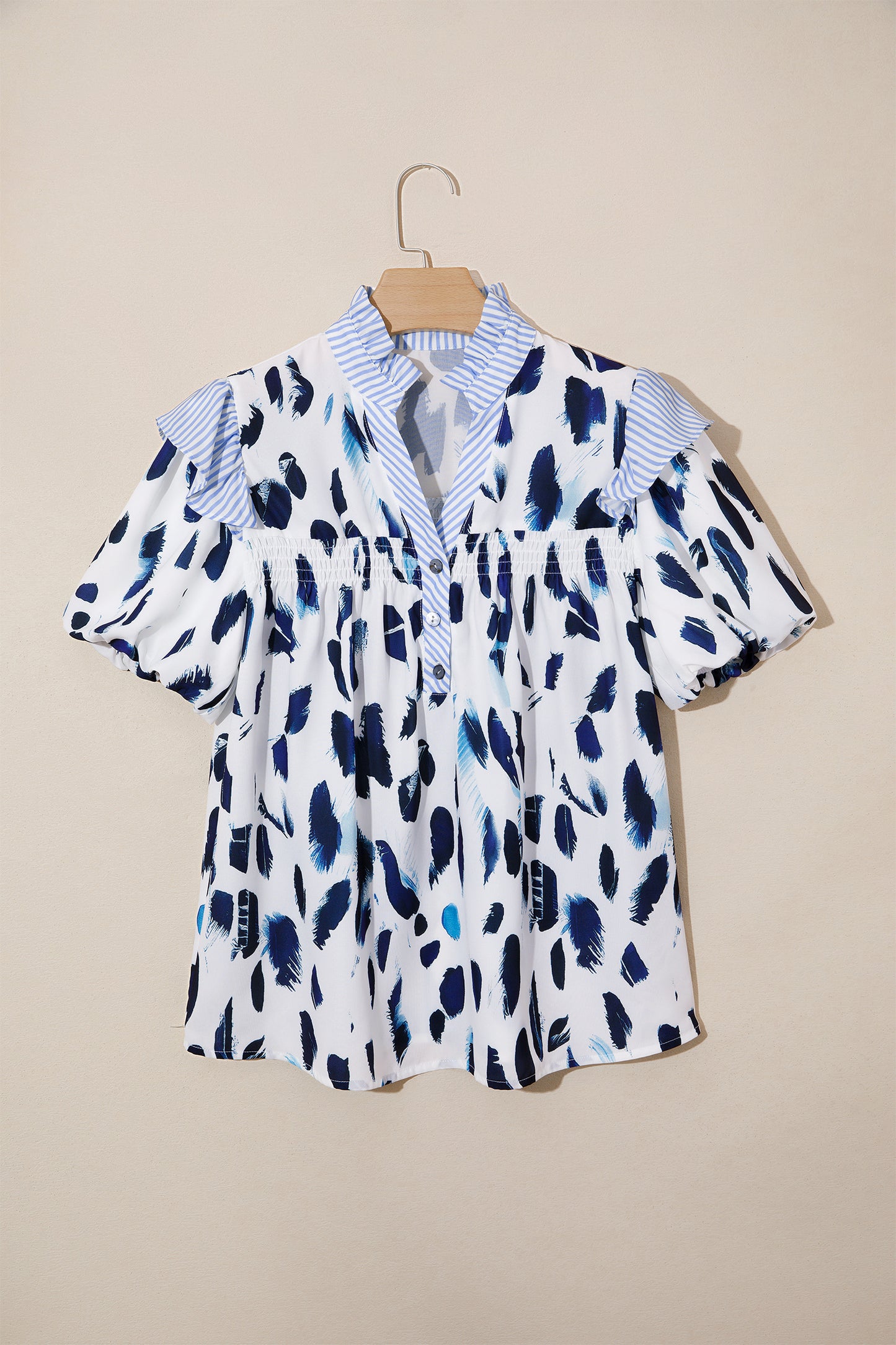 Beige Abstract Animal Print Striped Ruffle Trim V Neck Blouse-Tops/Blouses & Shirts-[Adult]-[Female]-2022 Online Blue Zone Planet