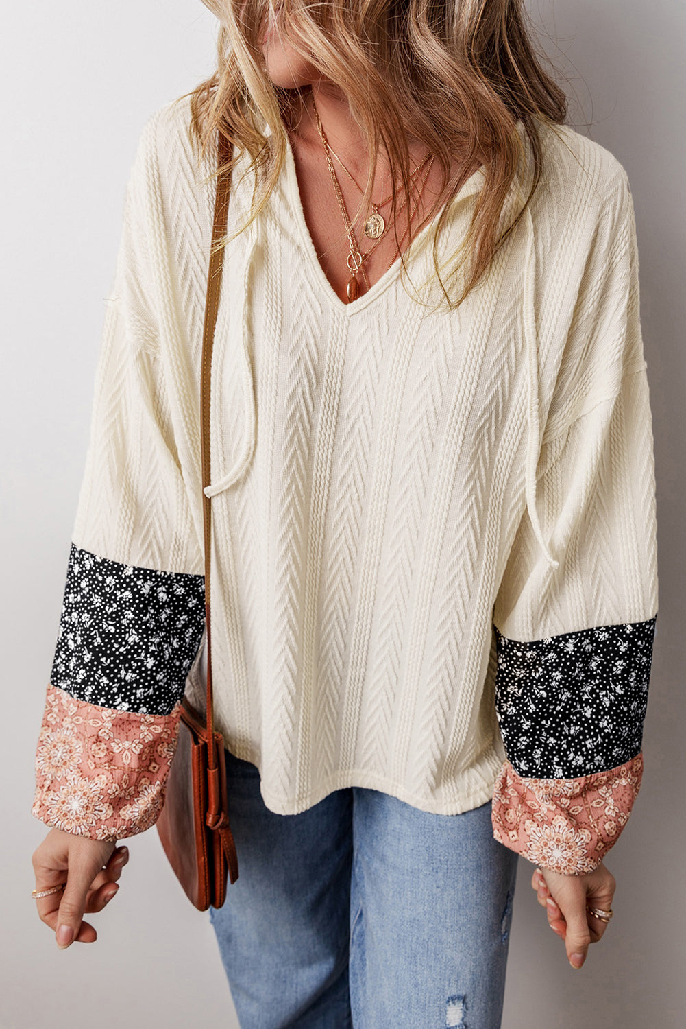 Blue Zone Planet | Dusty Pink Floral Patchwork Textured Knit Drawstring V Neck Blouse-Tops/Blouses & Shirts-[Adult]-[Female]-2022 Online Blue Zone Planet