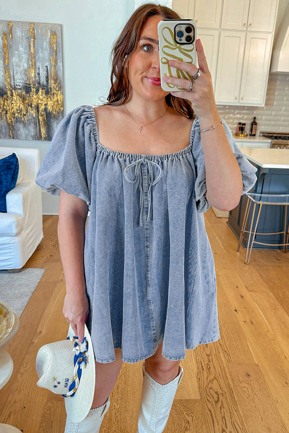 Myosotis Bubble Sleeve Square Neck Denim Babydoll Dress-Short Dresses-[Adult]-[Female]-2022 Online Blue Zone Planet