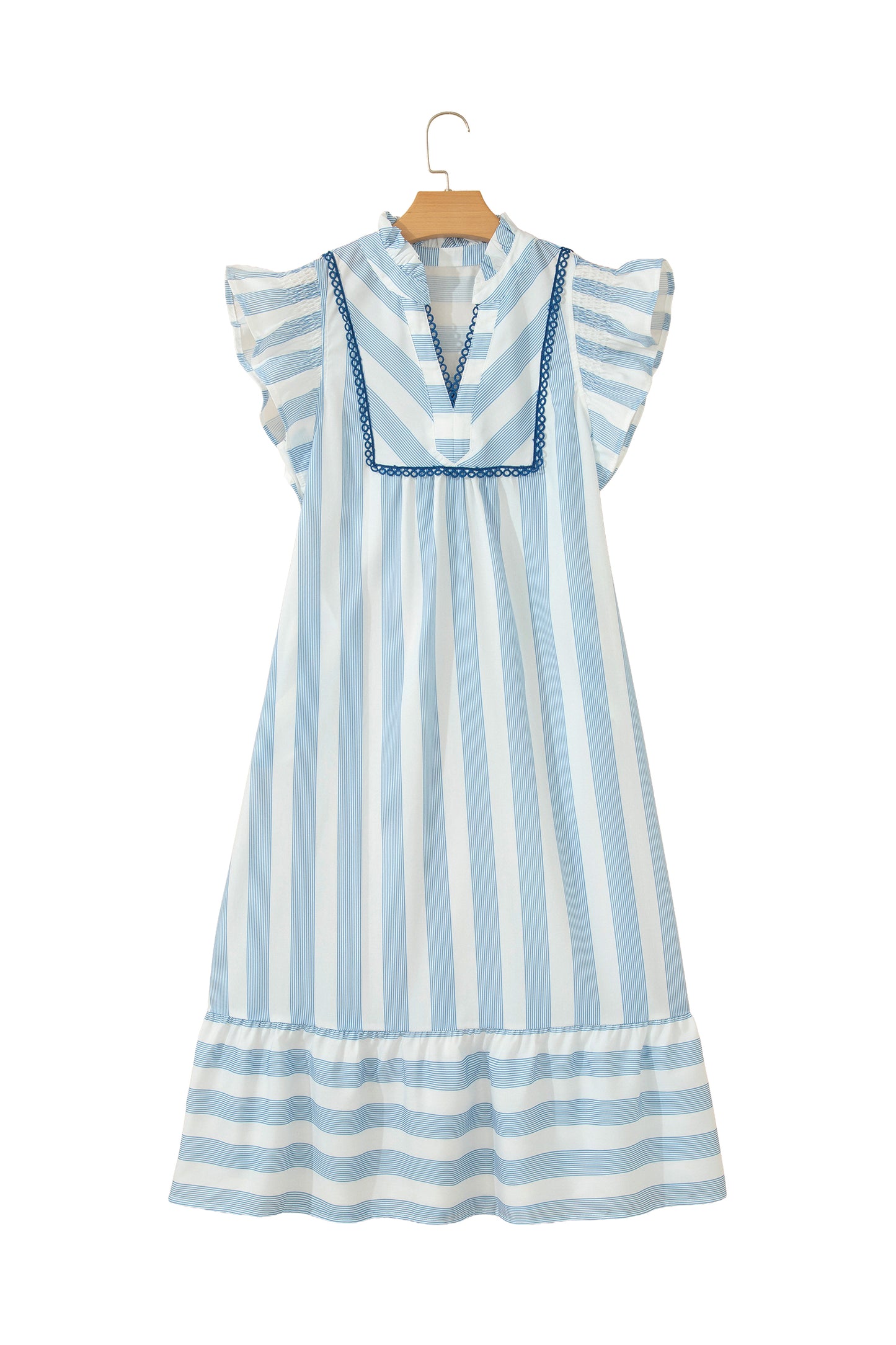Sky Blue Stripe Subtle Lace Detail V Neck Ruffle Trim Casual Dress-TOPS / DRESSES-[Adult]-[Female]-2022 Online Blue Zone Planet