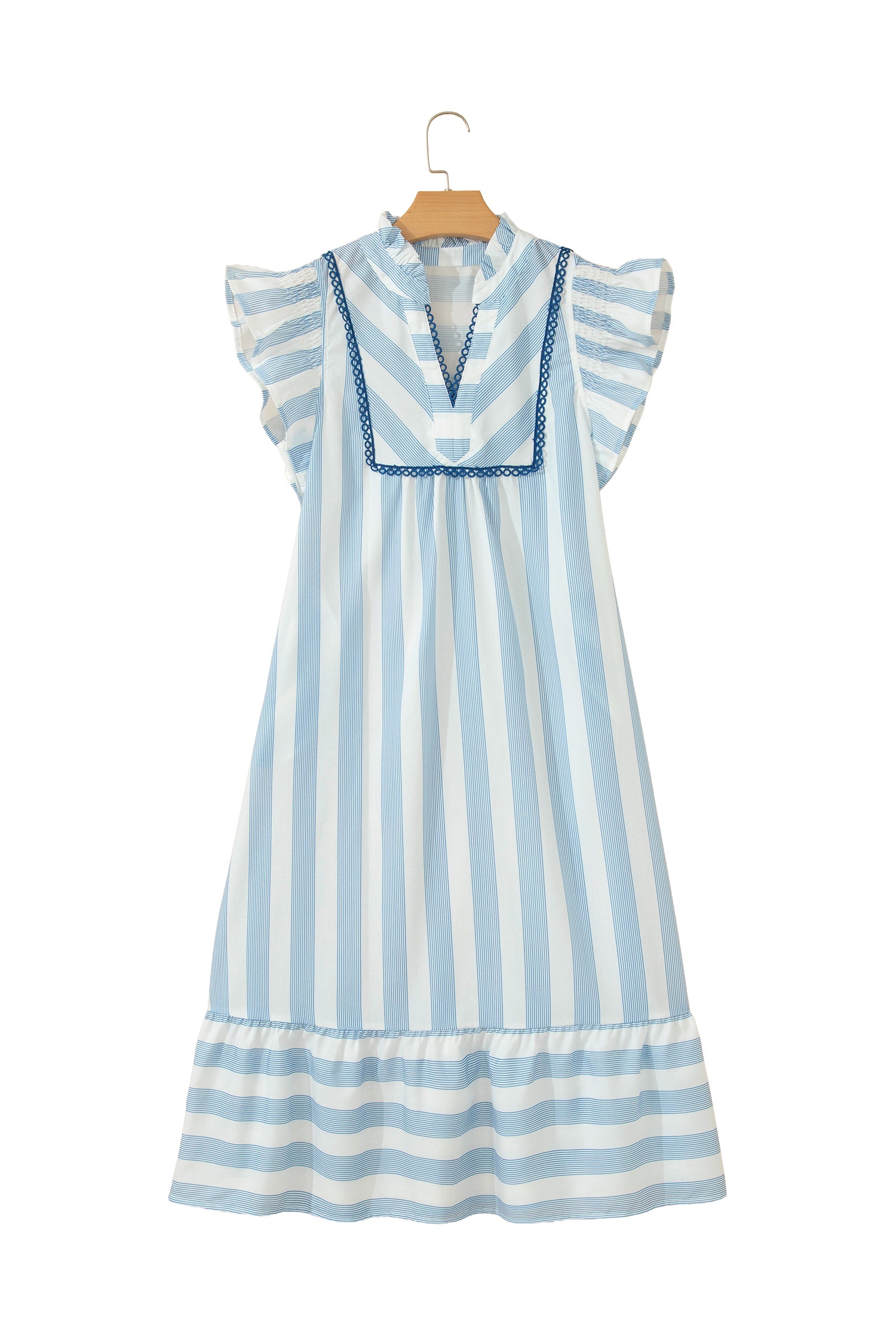 Sky Blue Stripe Subtle Lace Detail V Neck Ruffle Trim Casual Dress-TOPS / DRESSES-[Adult]-[Female]-2022 Online Blue Zone Planet