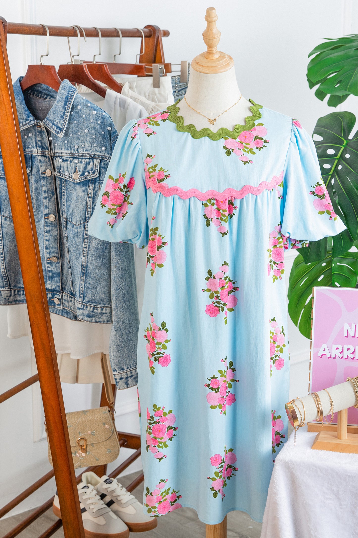 Sky Blue Floral Printed Contrast Ricrac Detail Bubble Sleeve Dress-TOPS / DRESSES-[Adult]-[Female]-2022 Online Blue Zone Planet