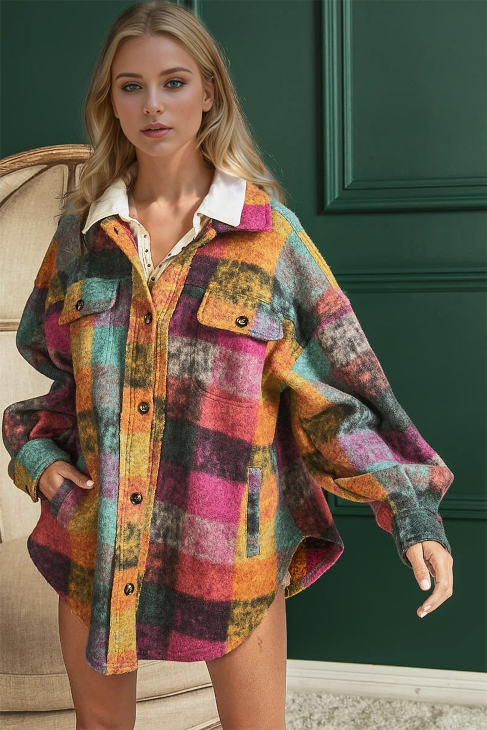 Blue Zone Planet | Double Take Full Size Button Up Plaid Fleece Shacket with Pockets-TOPS / DRESSES-[Adult]-[Female]-2022 Online Blue Zone Planet