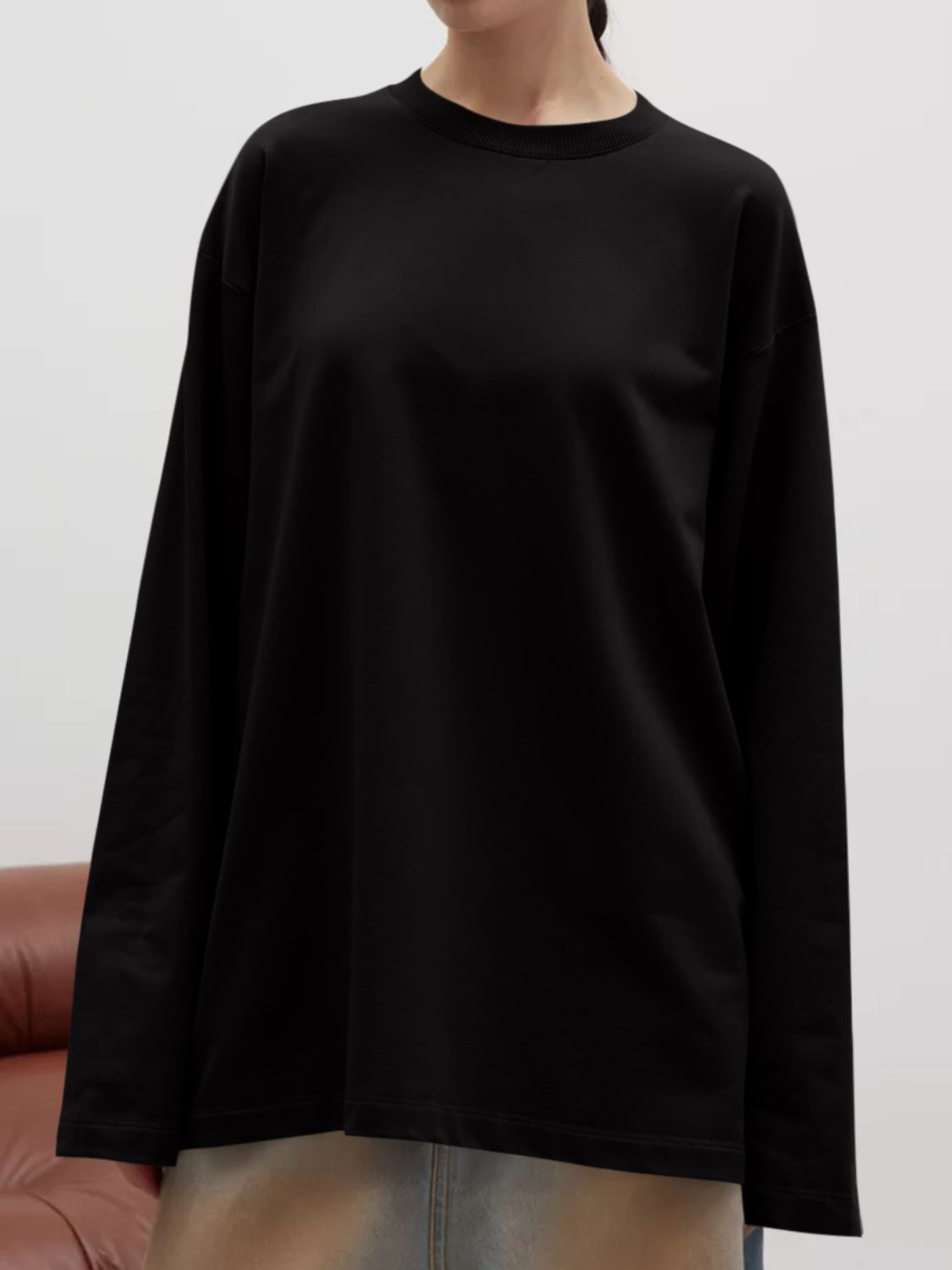 Round Neck Dropped Shoulder Long Sleeve T-Shirt-TOPS / DRESSES-[Adult]-[Female]-Black-S-2022 Online Blue Zone Planet