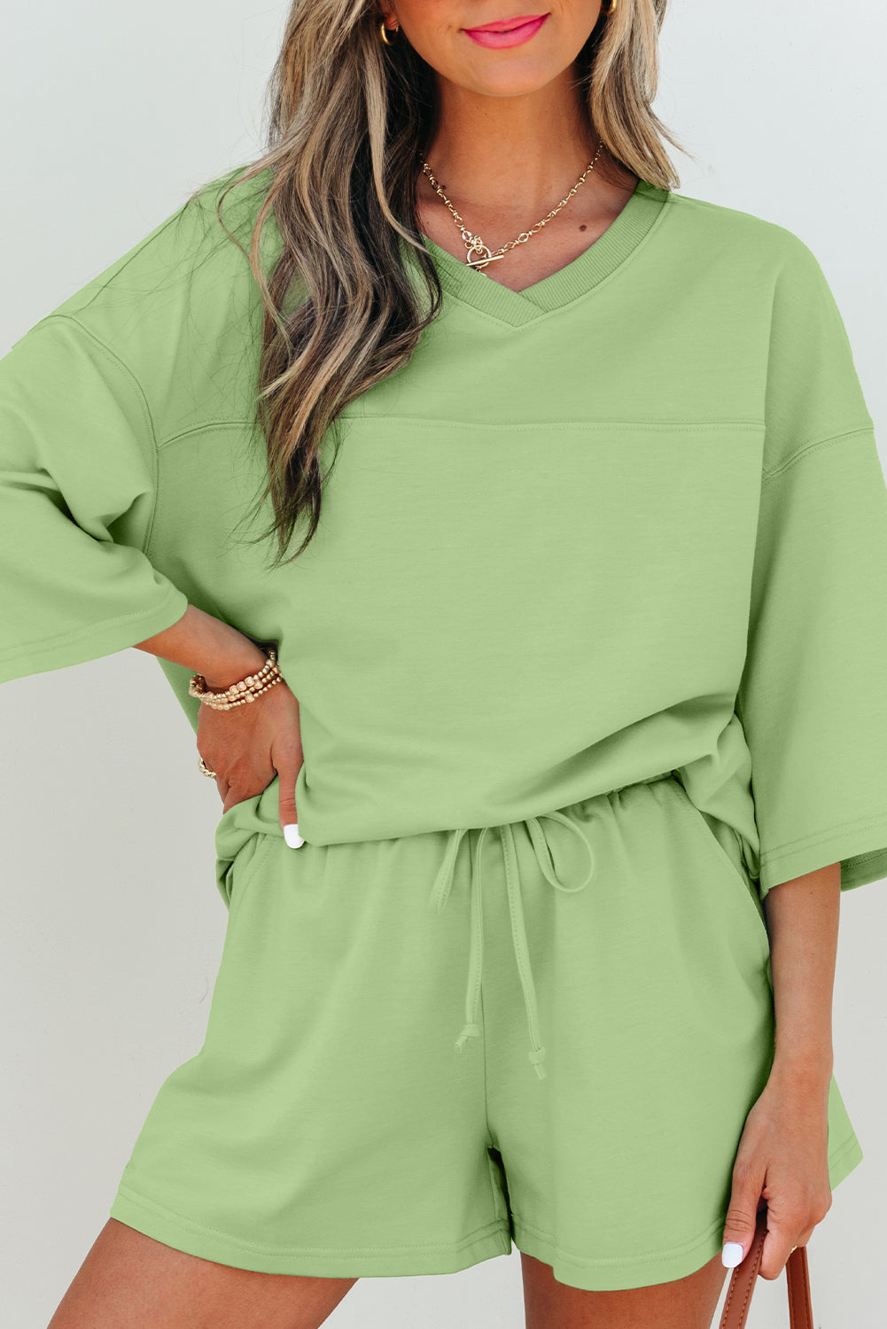 Meadow Mist Green Solid Loose V Neck Half Sleeve Tee and Shorts-Two Piece Sets/Short Sets-[Adult]-[Female]-2022 Online Blue Zone Planet