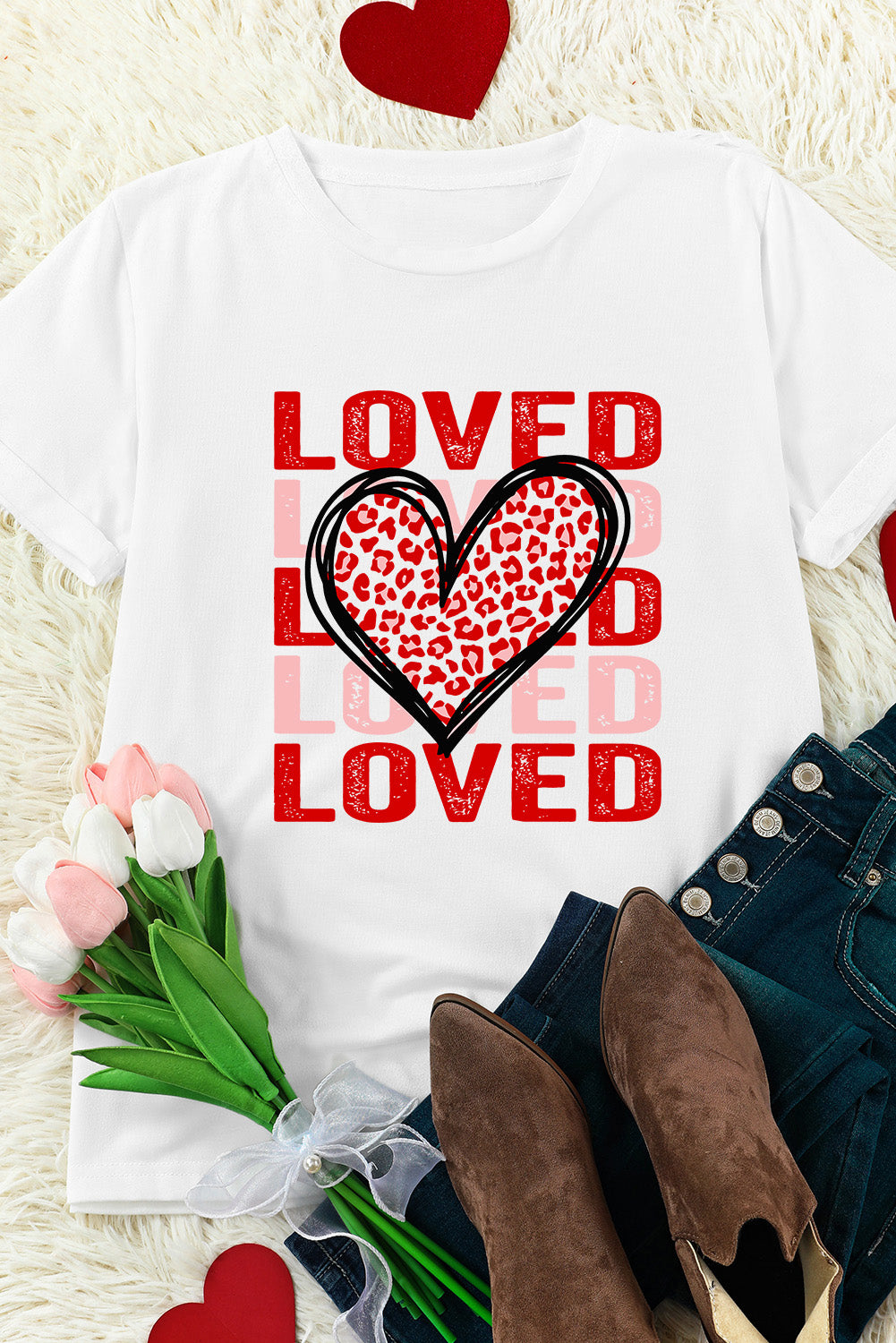 White Leopard Heart LOVE Printed Valentines Tee-Graphic Tees-[Adult]-[Female]-2022 Online Blue Zone Planet