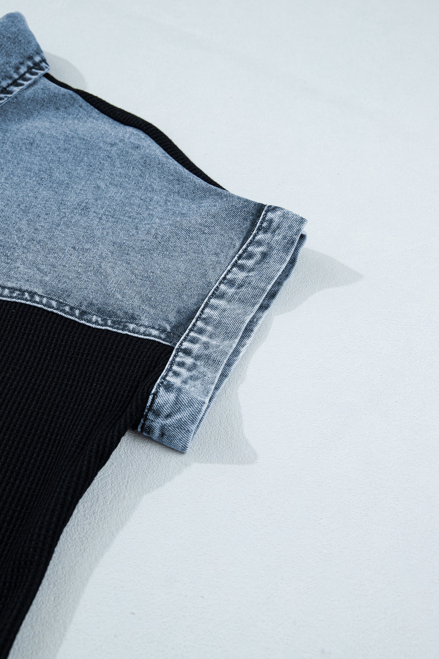 Black Textured Knit Denim Color Block Patchwork Collar Button Down Shirt-Tops/Blouses & Shirts-[Adult]-[Female]-2022 Online Blue Zone Planet