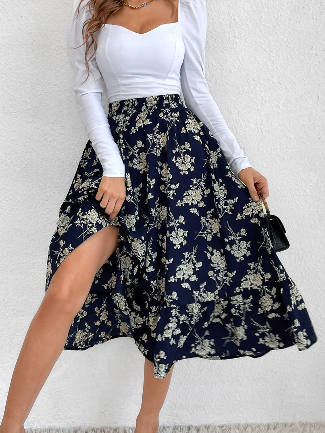 Printed Elastic Waist Midi Skirt-BOTTOM SIZES SMALL MEDIUM LARGE-[Adult]-[Female]-2022 Online Blue Zone Planet