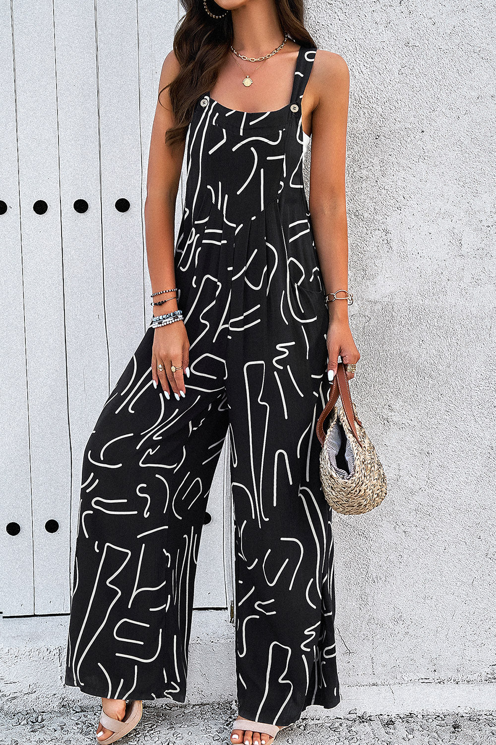 Printed Wide Strap Jumpsuit with Pockets-[Adult]-[Female]-2022 Online Blue Zone Planet