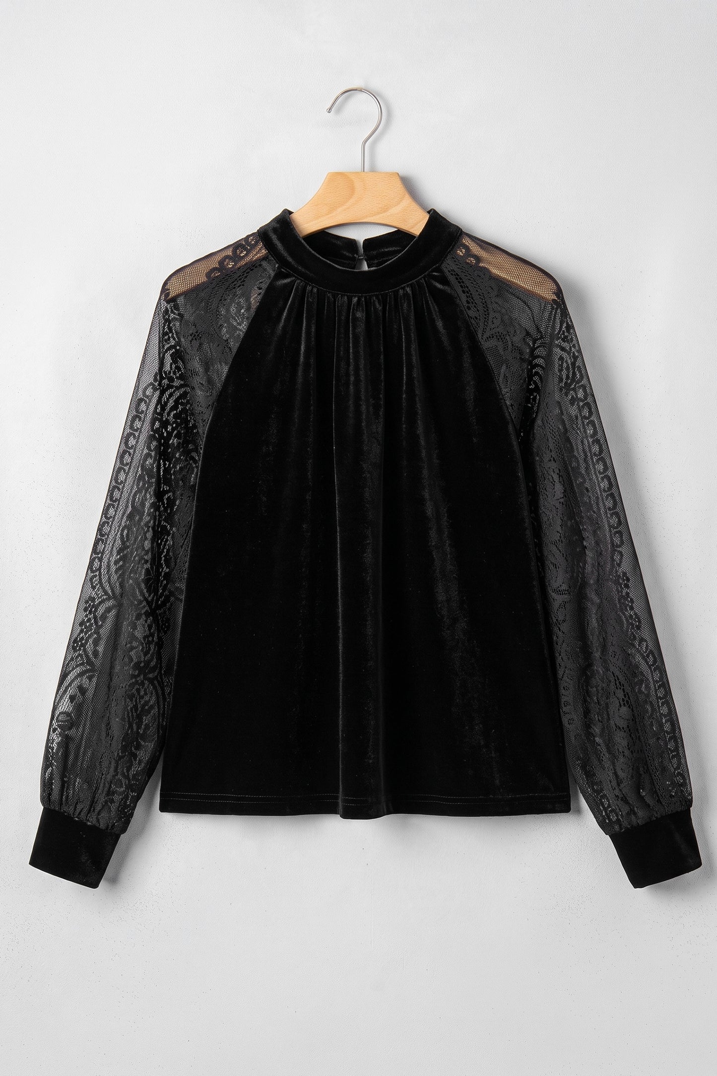Color Black Solid Color Sheer Lace Long Sleeve Patchwork Stand Neck Velvet Blouse-Tops/Blouses & Shirts-[Adult]-[Female]-2022 Online Blue Zone Planet