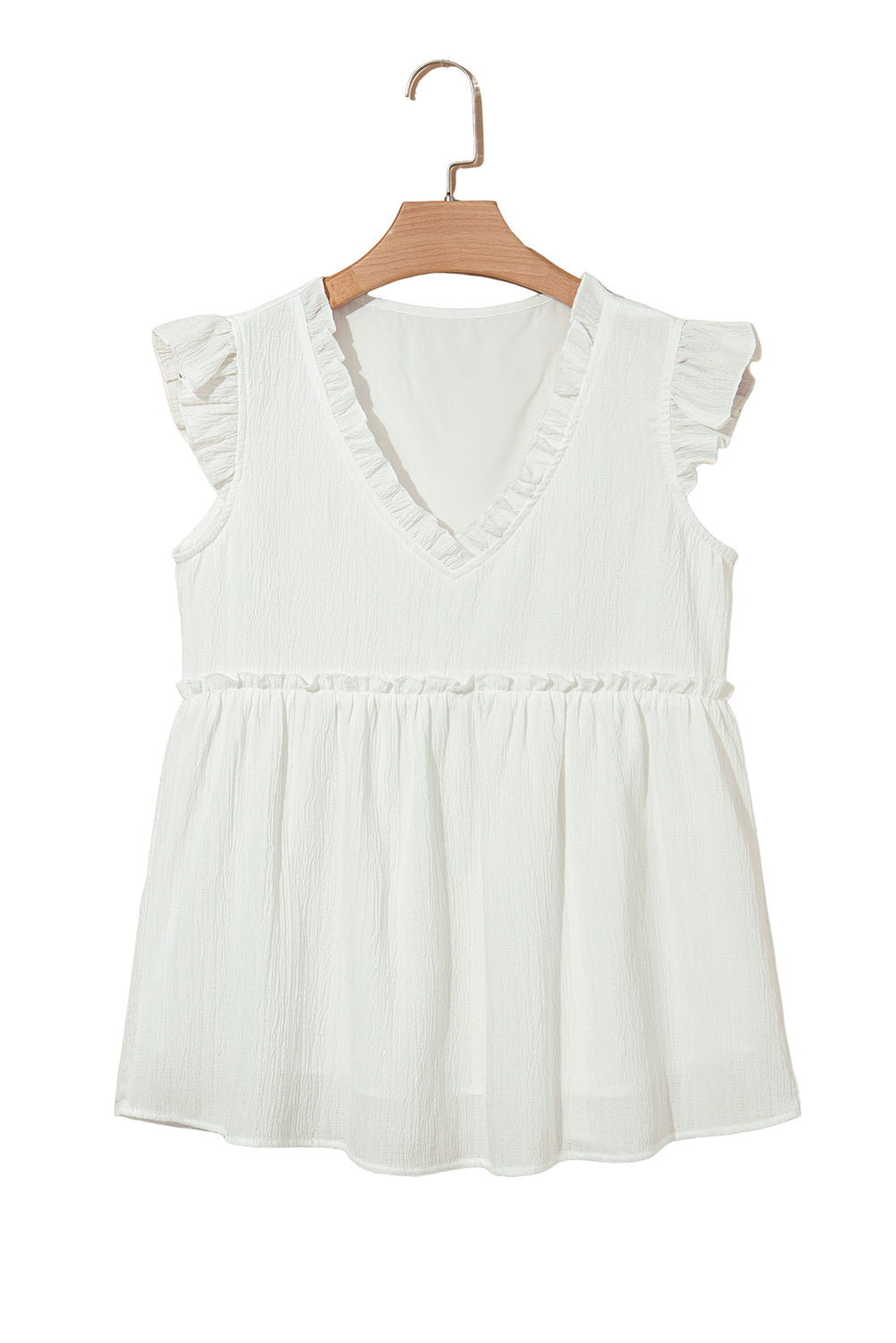 White Textured Ruffled Trim V Neck Flutter Flowy Top-Tops/Blouses & Shirts-[Adult]-[Female]-2022 Online Blue Zone Planet