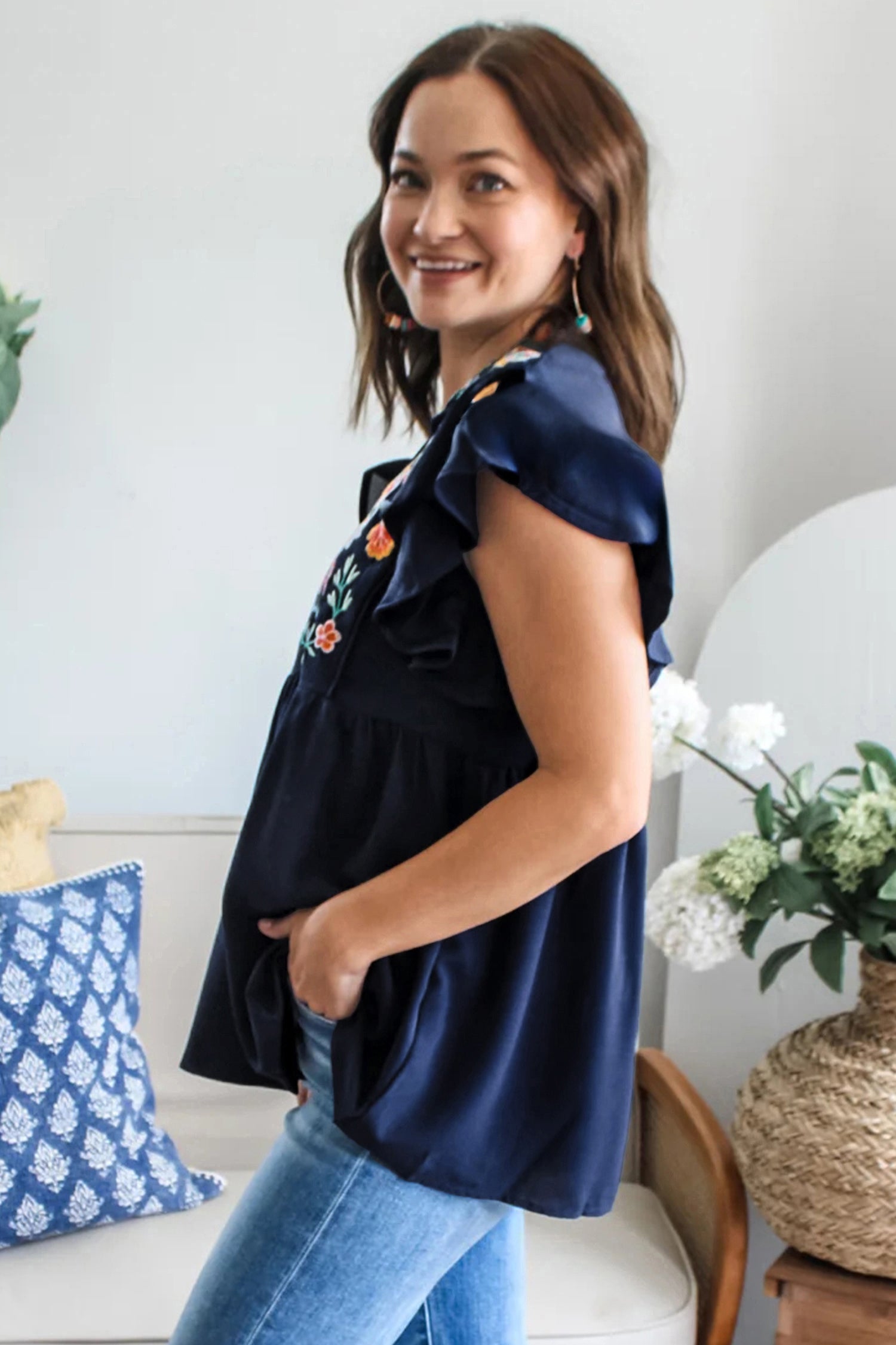 Dirty Blue V Neck Ruffled Sleeve Floral Embroidered Detail Babydoll Blouse-Tops/Blouses & Shirts-[Adult]-[Female]-2022 Online Blue Zone Planet